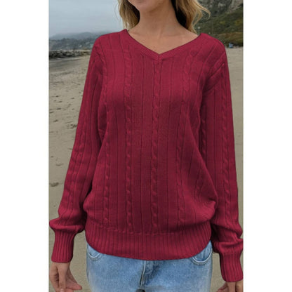 Women's Cable Knit V Neck Long Sleeve Pullover Sweater - AMVIM