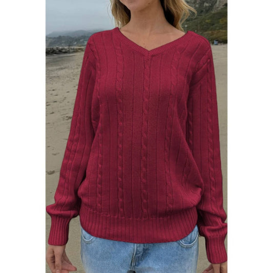Women's Cable Knit V Neck Long Sleeve Pullover Sweater - AMVIM