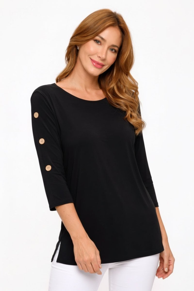 Women's Casual Button Sleeve Top with Round Neckline - AMVIM