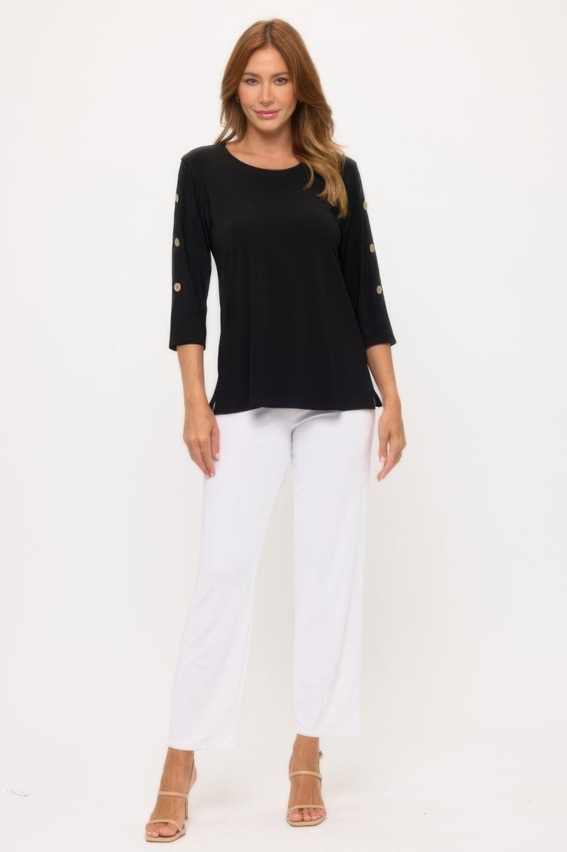 Women's Casual Button Sleeve Top with Round Neckline - AMVIM