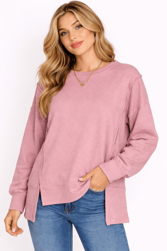 Women's Casual Loose Fit Round Neck Blouse with Exposed Seam - AMVIM