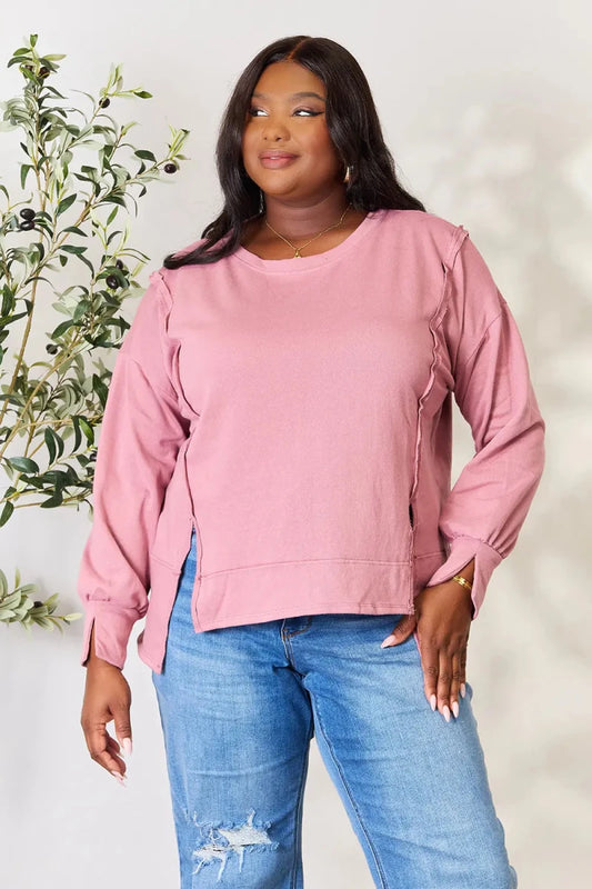 Women's Casual Loose Fit Round Neck Blouse with Exposed Seam - AMVIM