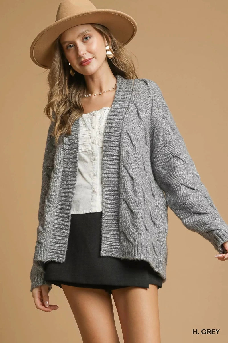 Women's Chunky Cable Knit Cardigan – Open Front Relaxed Fit - AMVIM