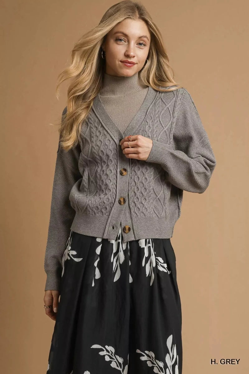 Women's Chunky Cable Knit Cardigan – V-Neck Button-Up - AMVIM