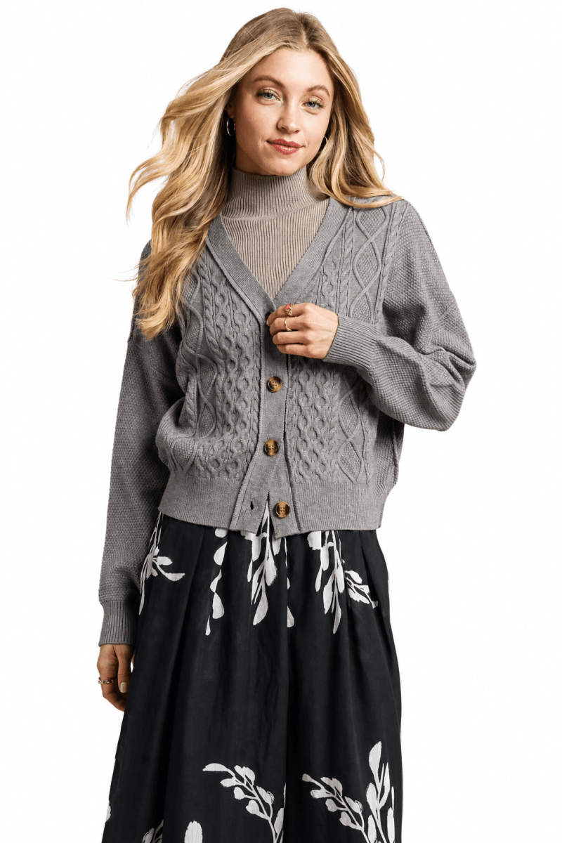 Women's Chunky Cable Knit Cardigan – V-Neck Button-Up - AMVIM