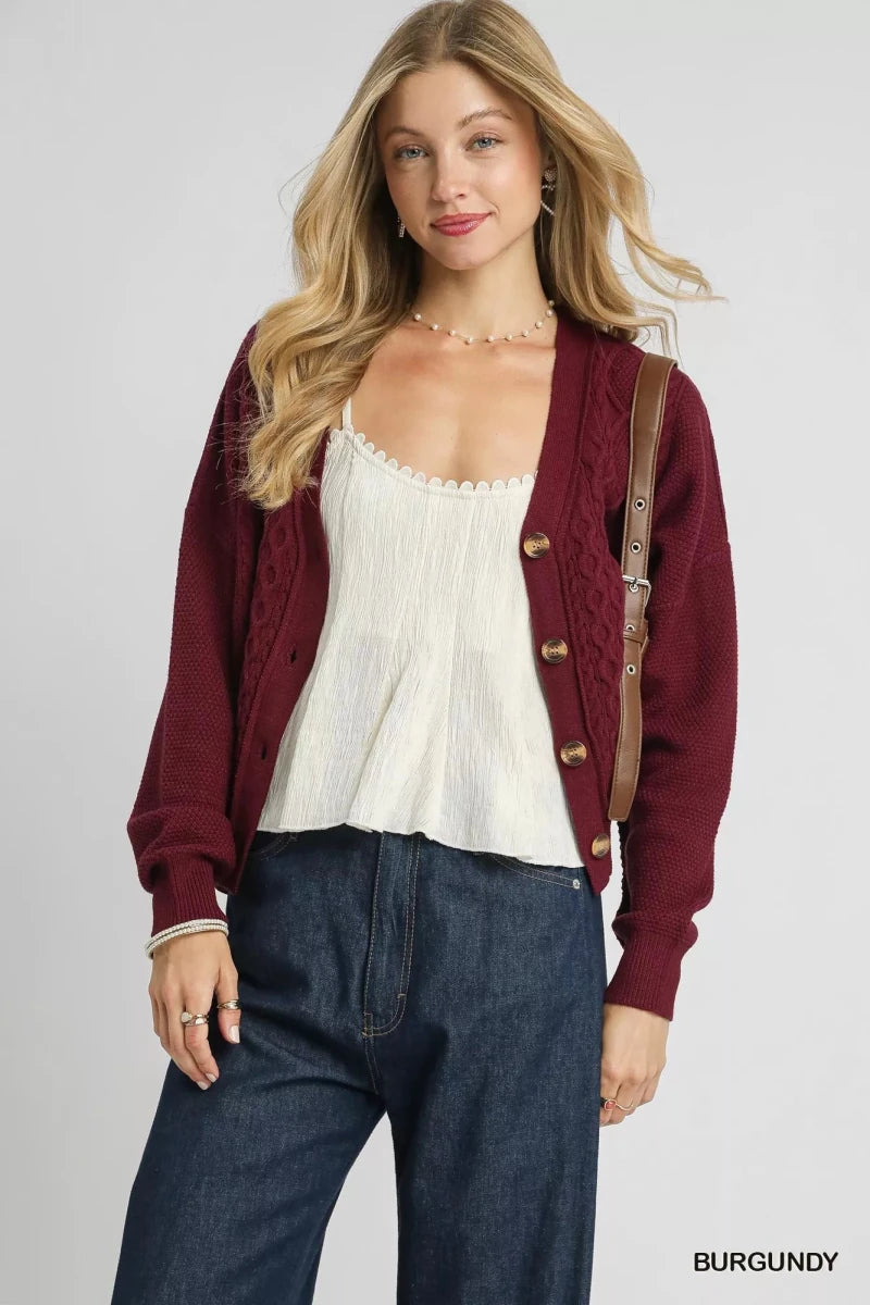 Women's Chunky Cable Knit Cardigan – V-Neck Button-Up - AMVIM