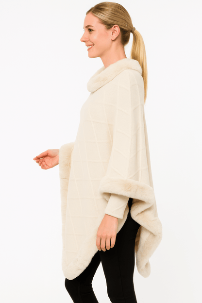 Women's Classic Faux Fur Trim Poncho – Elegant Black - AMVIM