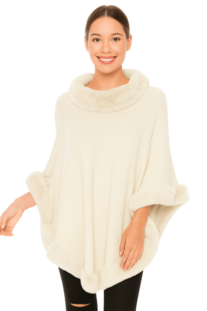 Women's Classic Faux Fur Trim Poncho – Elegant Black - AMVIM