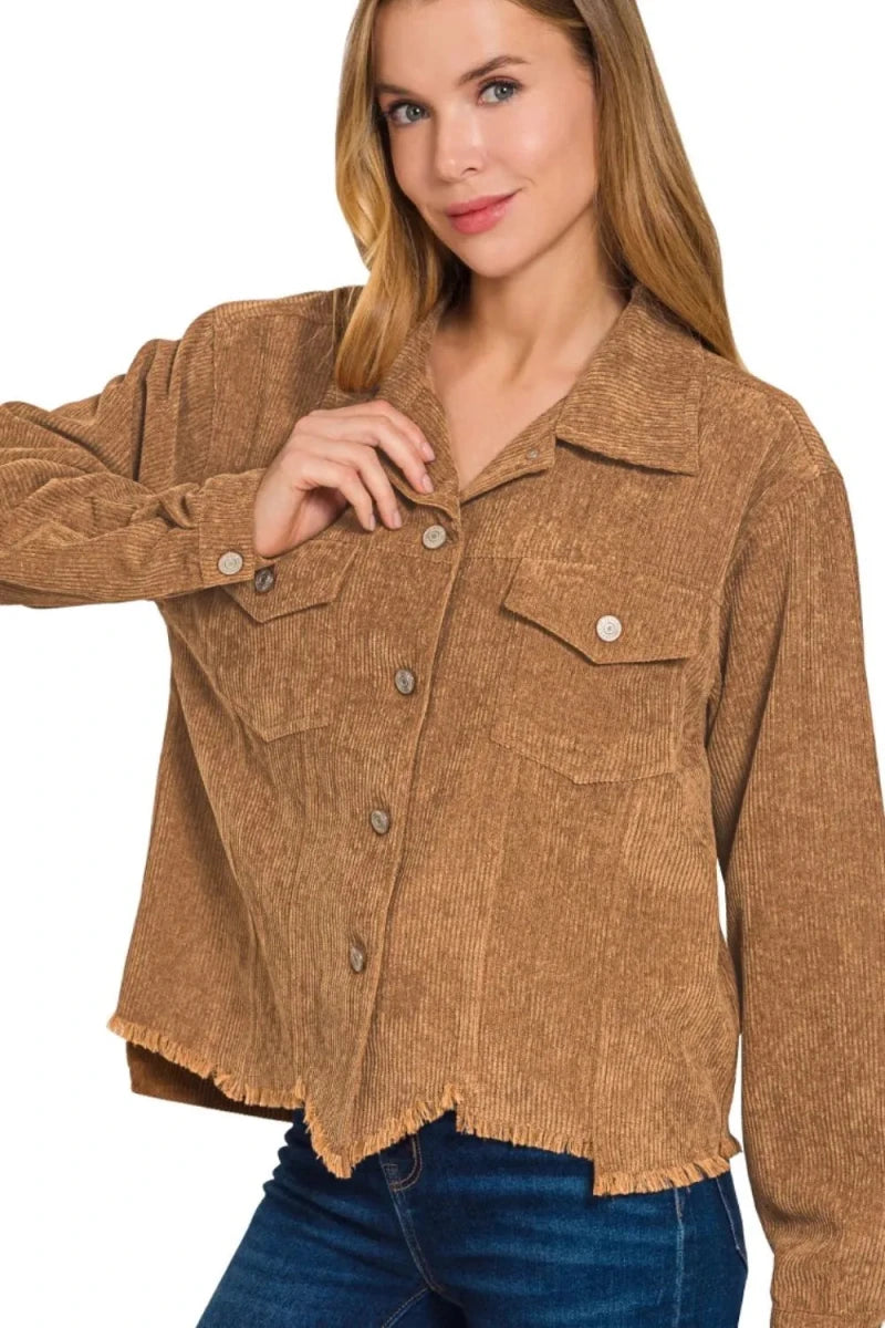 Women's Corduroy Cropped Jacket – Relaxed Fit with Frayed Hem - AMVIM