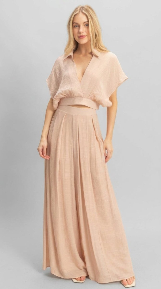 Women's Cotton Blend Collared Wrap Top & Wide - Leg Pants Set - AMVIM