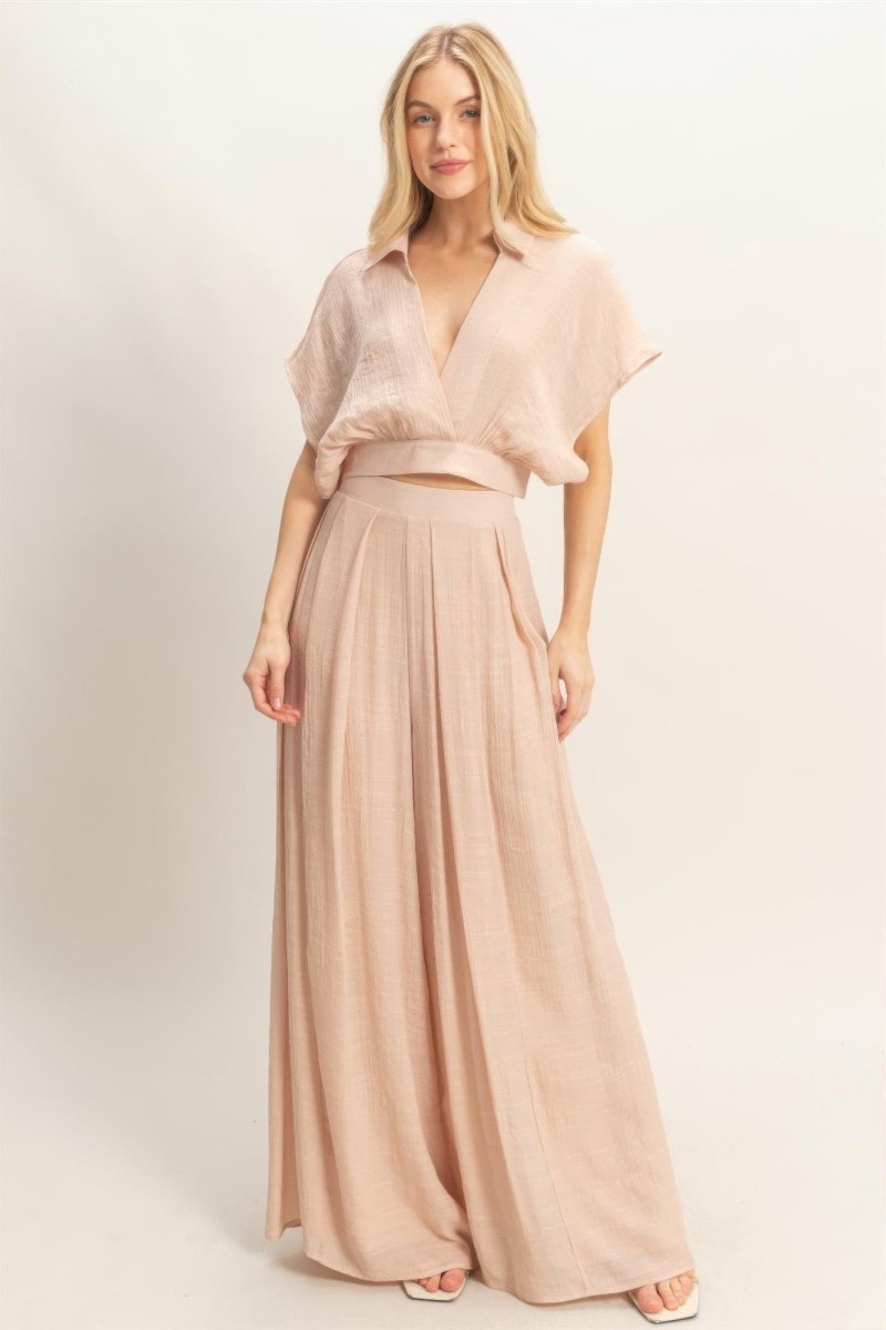 Women's Cotton Blend Collared Wrap Top & Wide - Leg Pants Set - AMVIM
