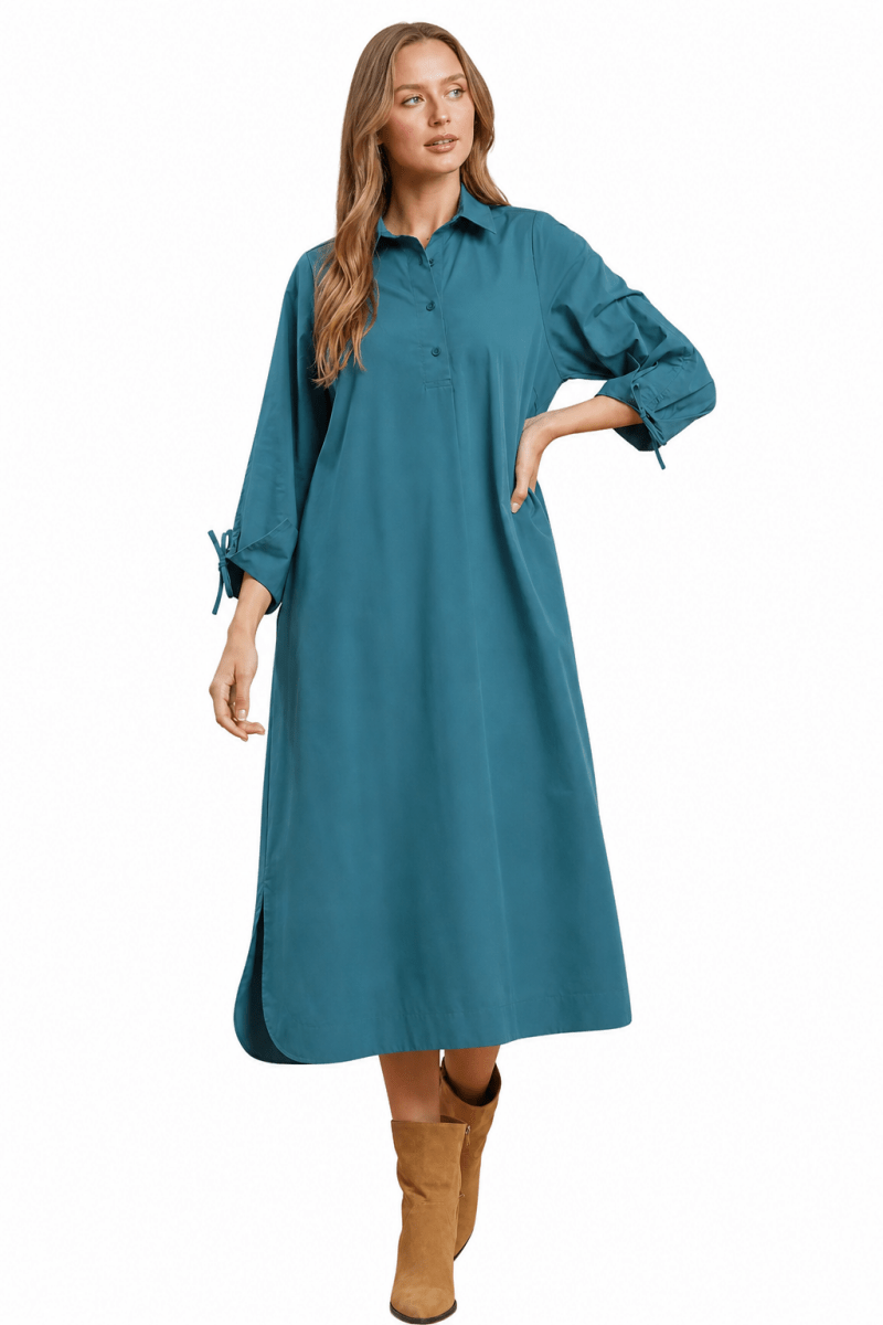 Women's Cotton Midi Dress – Relaxed Fit Collared Button Detail - AMVIM