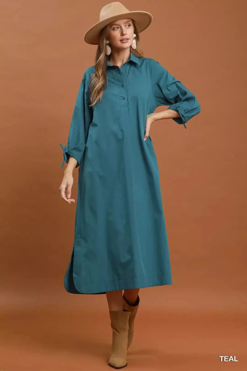 Women's Cotton Midi Dress – Relaxed Fit Collared Button Detail - AMVIM