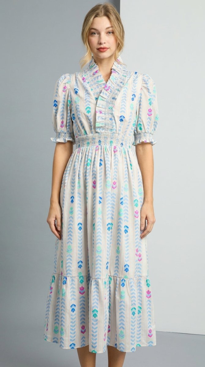 ladies cotton midi dresses Women's Dress – Smocked Waist – AMVIM Sovereign Grade Brown Grained Color:Washed Cream Alex Cotton Midi Dress green-family