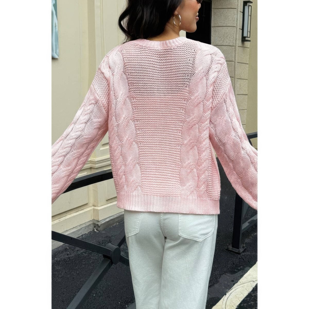 Women's Cozy Cable Knit Round Neck Pullover Sweater - AMVIM