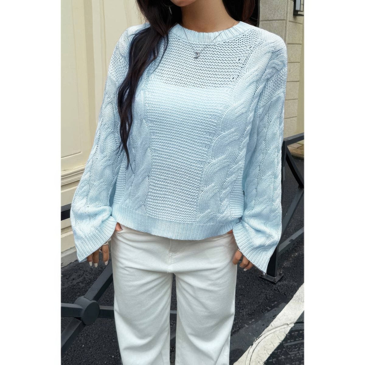 Women's Cozy Cable Knit Round Neck Pullover Sweater - AMVIM