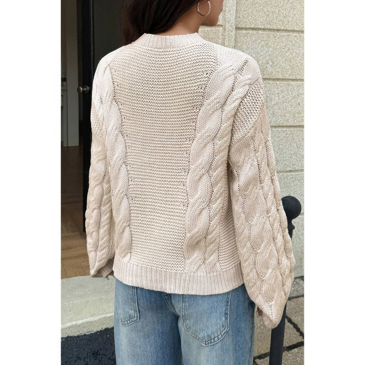 Women's Cozy Cable Knit Round Neck Pullover Sweater - AMVIM