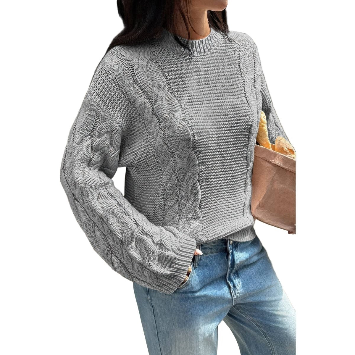 Women's Cozy Cable Knit Round Neck Pullover Sweater - AMVIM