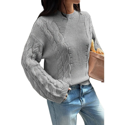 Women's Cozy Cable Knit Round Neck Pullover Sweater - AMVIM