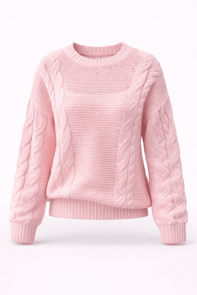 Women's Cozy Cable Knit Round Neck Pullover Sweater - AMVIM
