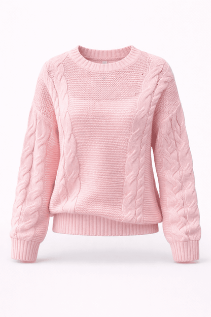 Women's Cozy Cable Knit Round Neck Pullover Sweater - AMVIM