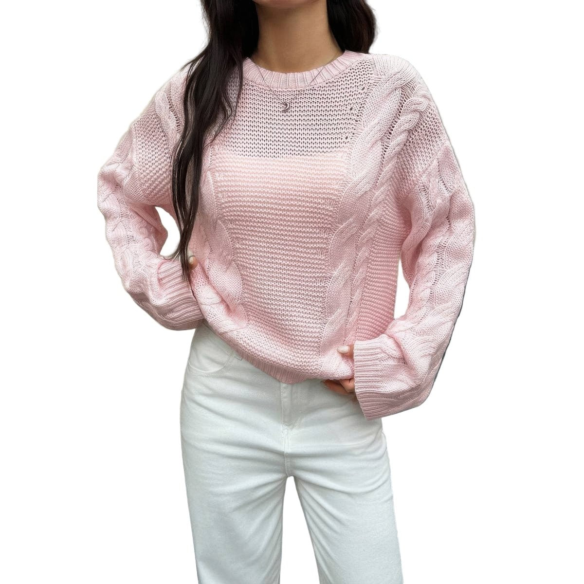 Women's Cozy Cable Knit Round Neck Pullover Sweater - AMVIM