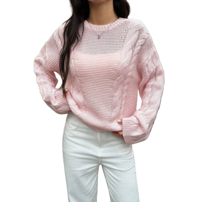 Women's Cozy Cable Knit Round Neck Pullover Sweater - AMVIM