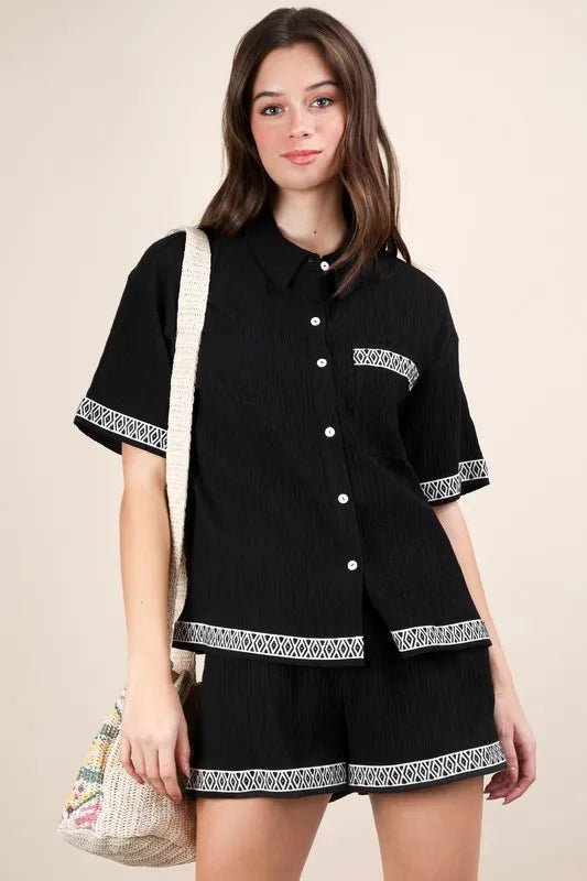 Women's Crinkled Woven Shirt Top & Shorts Set - AMVIM