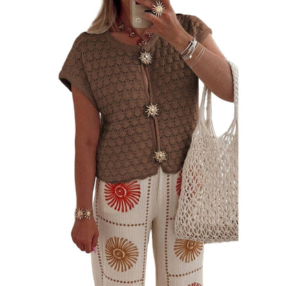 Women's Crochet Button Front Short Sleeve Knit Sweater - AMVIM