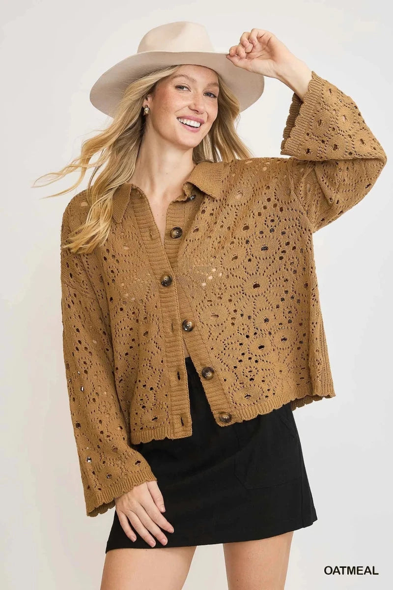 Women's Crochet Knit Cardigan – Relaxed Fit Brown - AMVIM