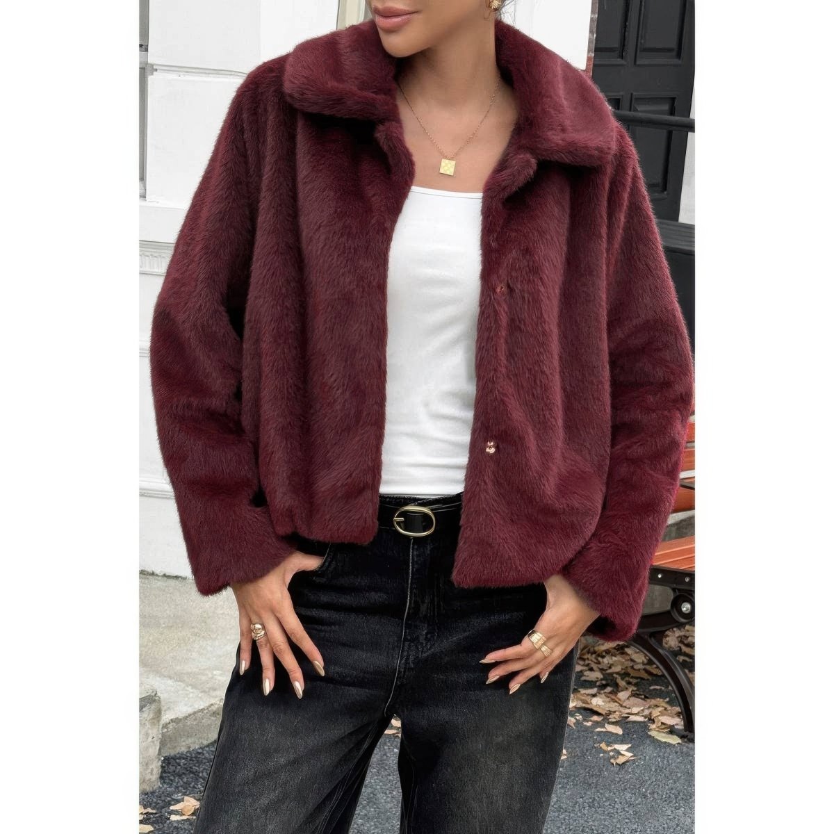 Women's Cropped Faux Fur Button Jacket for Fall Style - AMVIM