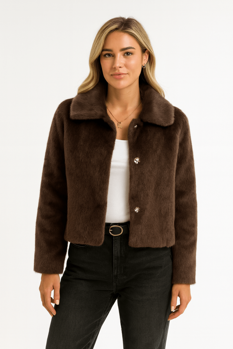 Women's Cropped Faux Fur Button Jacket for Fall Style - AMVIM