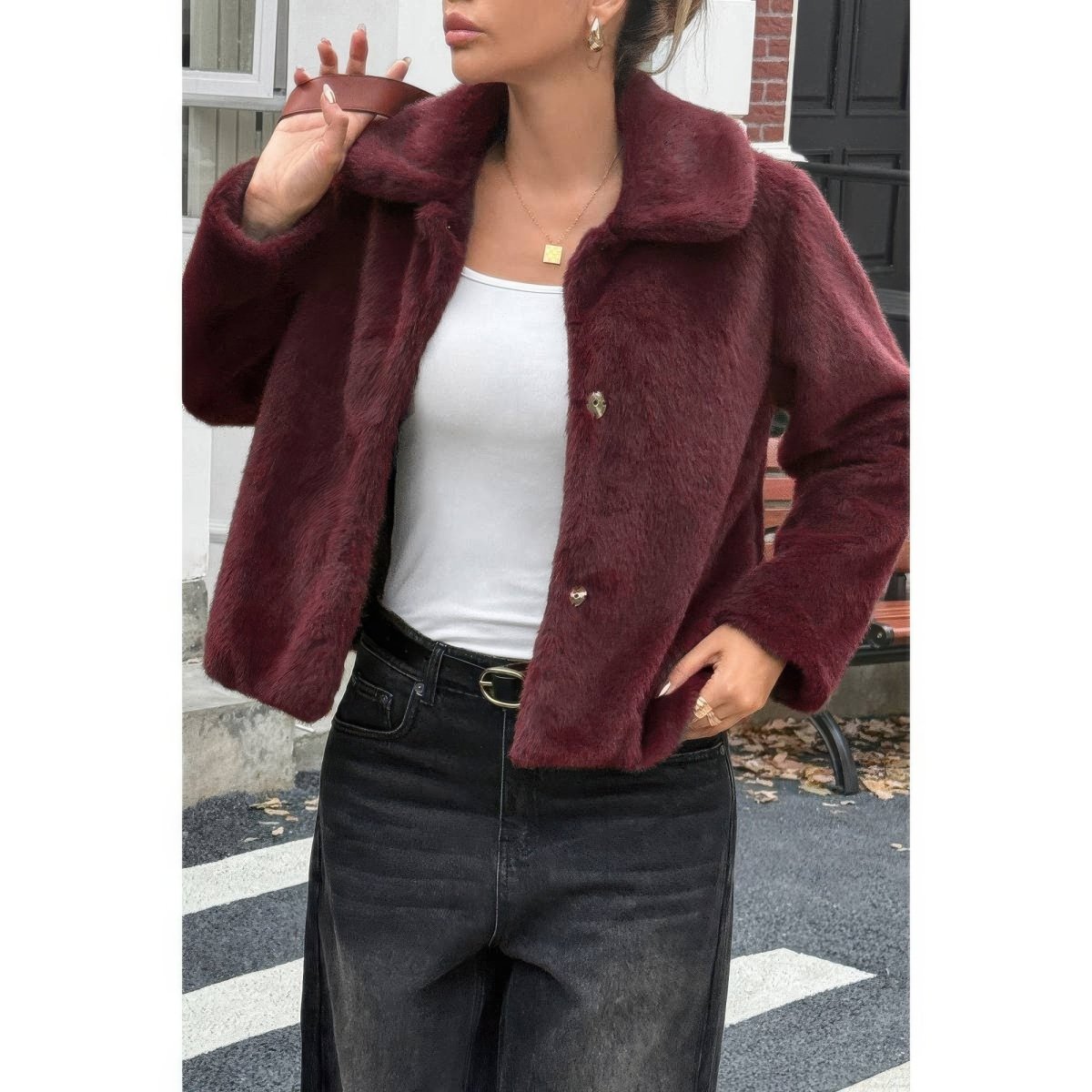 Women's Cropped Faux Fur Button Jacket for Fall Style - AMVIM
