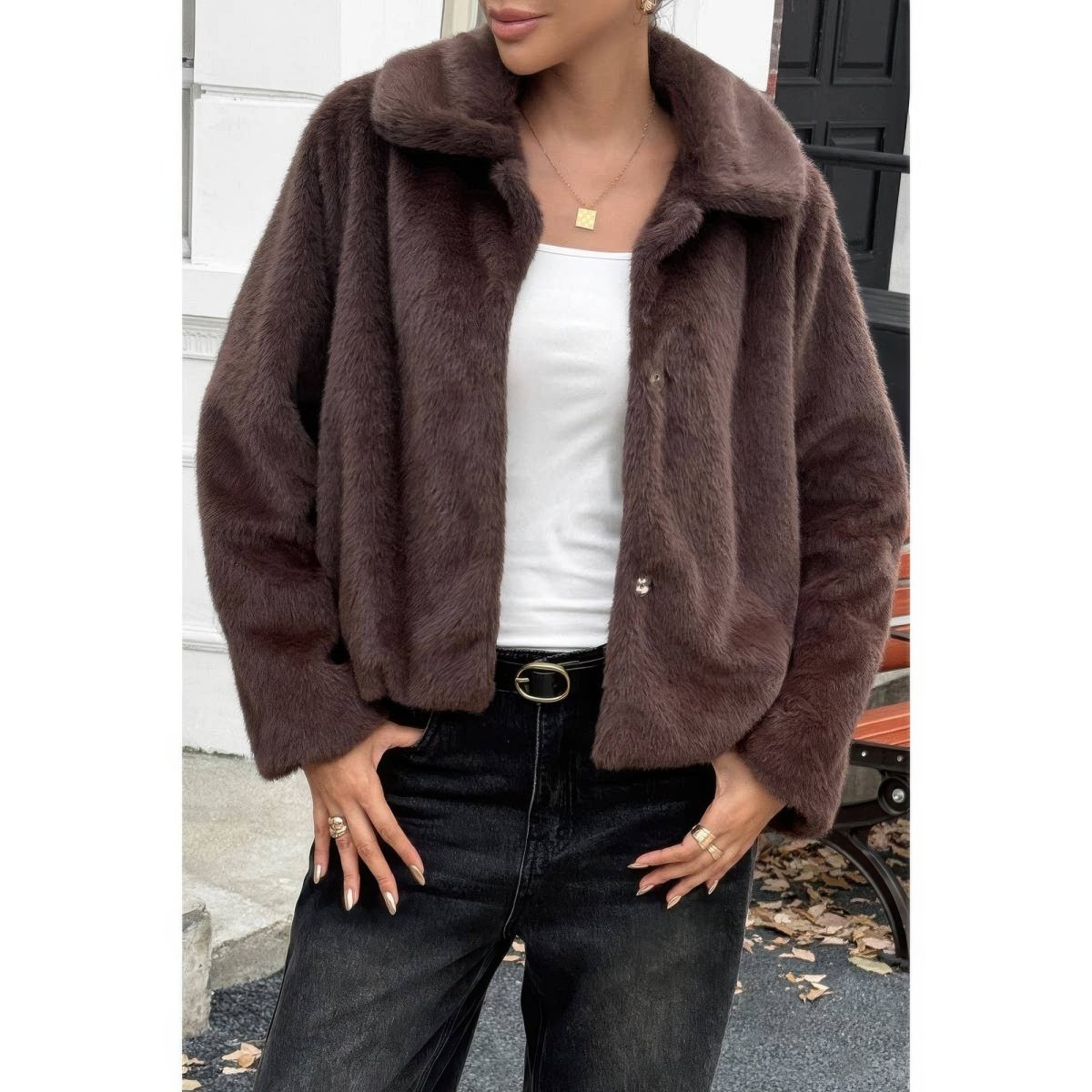 Women's Cropped Faux Fur Button Jacket for Fall Style - AMVIM