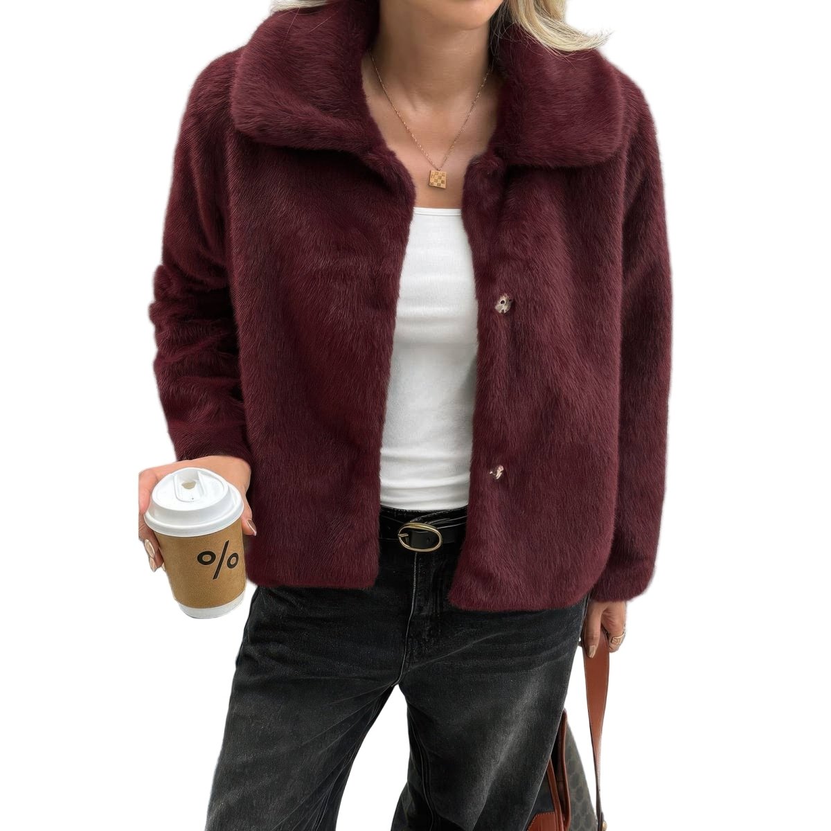 Women's Cropped Faux Fur Button Jacket for Fall Style - AMVIM