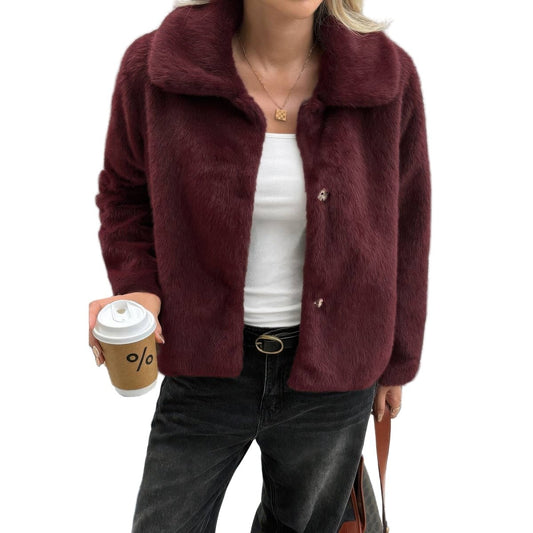 Women's Cropped Faux Fur Button Jacket for Fall Style - AMVIM