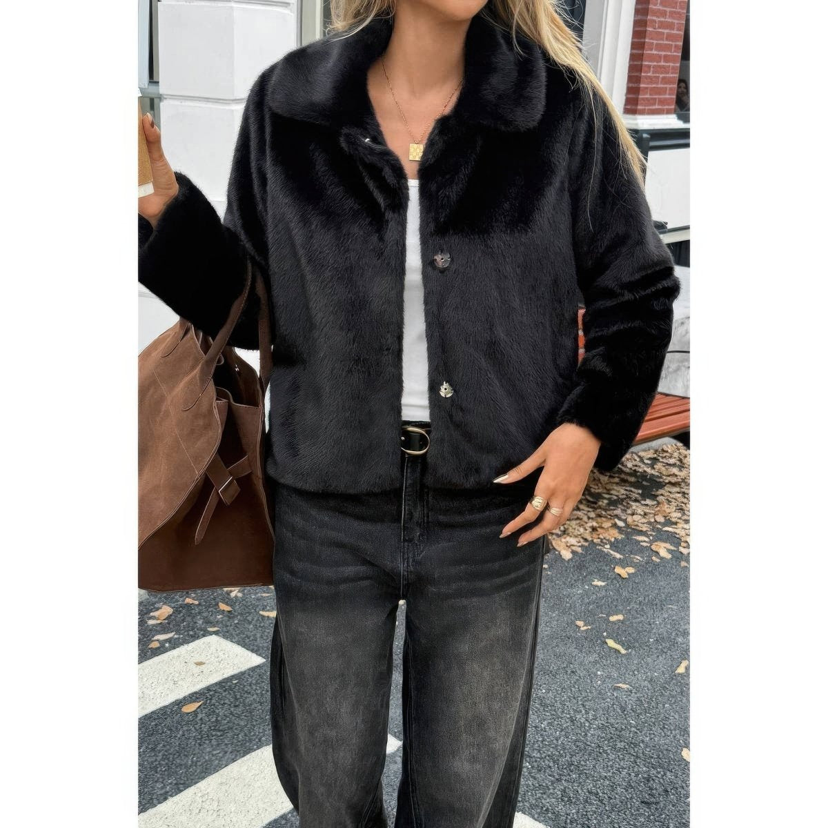 Women's Cropped Faux Fur Button Jacket for Fall Style - AMVIM