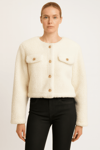 Women's Cropped Faux Shearling Button - Front Jacket - AMVIM