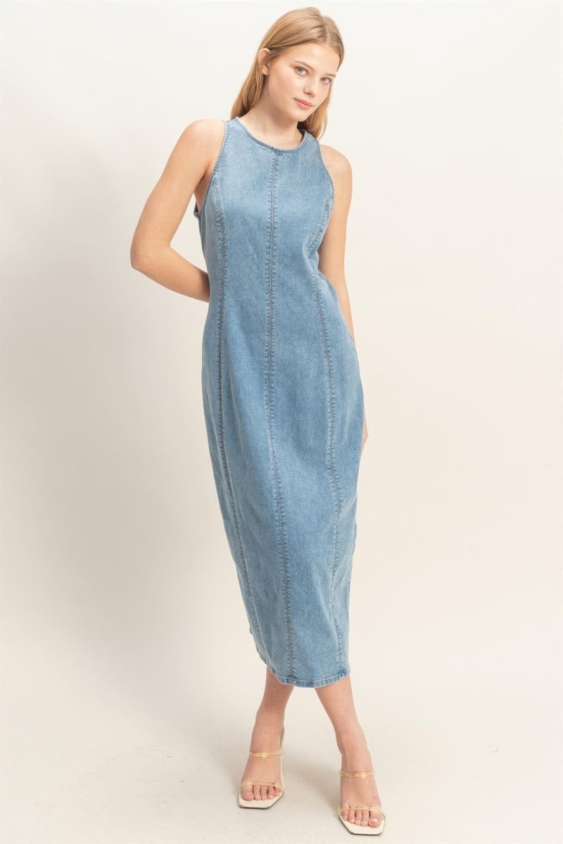 Women's Denim Sleeveless Midi Dress – Straight Silhouette - AMVIM | SKU: 60545.S, 60545.M, 60545.L, 60545a.S, 60545a.M, 60545a.L