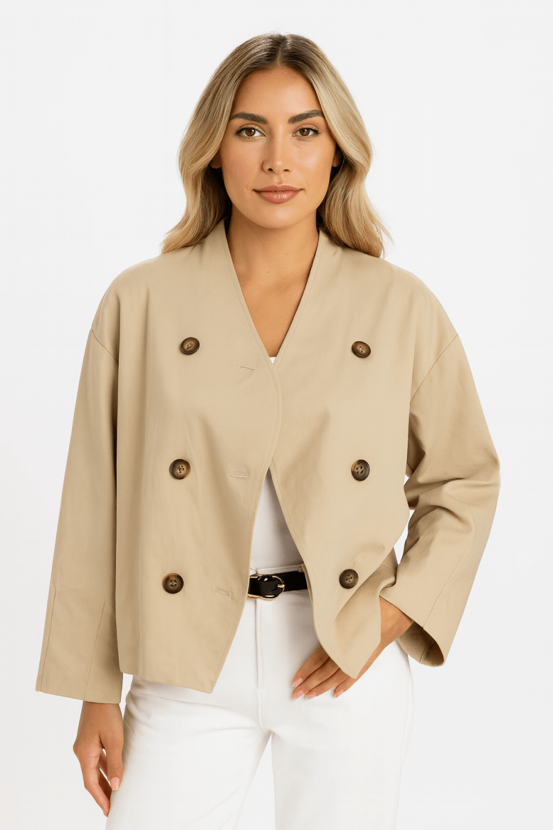 Women's Double Breasted V Neck Trench Coat - AMVIM