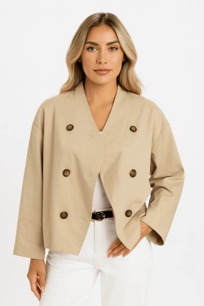 Women's Double Breasted V Neck Trench Coat - AMVIM