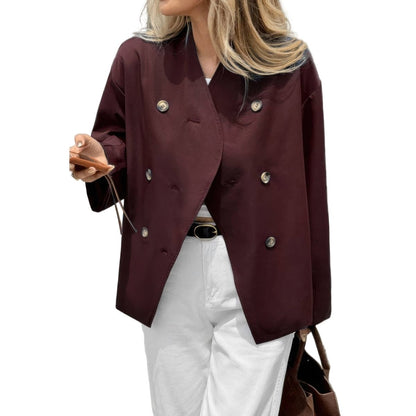 Women's Double Breasted V Neck Trench Coat - AMVIM