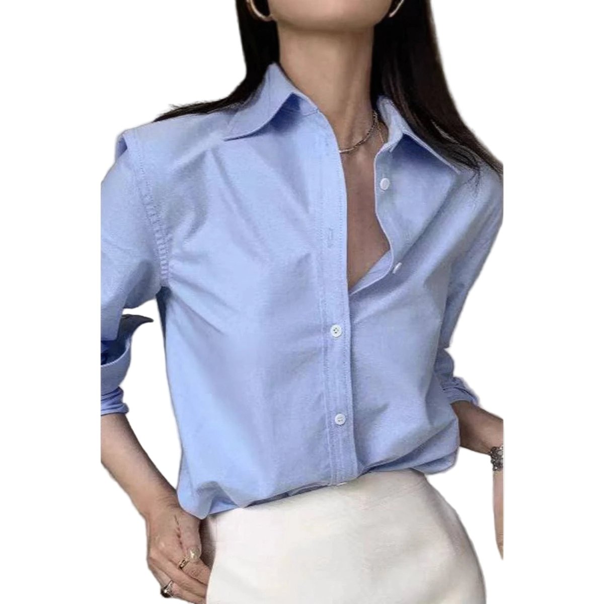 Women's Drop Shoulder Loose Button Up Shirt - AMVIM