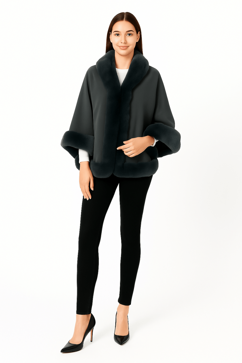 Women's Elegant Faux Fur Open - front Cape Jacket - AMVIM