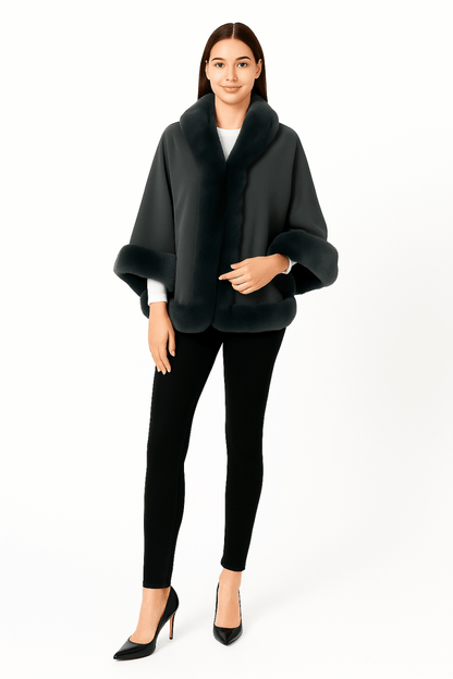 Women's Elegant Faux Fur Open - front Cape Jacket - AMVIM