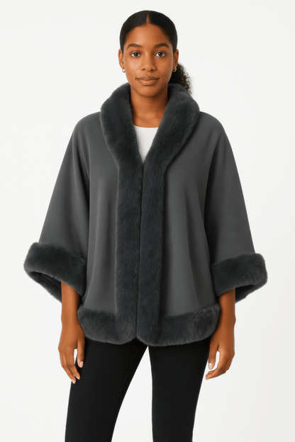 Women's Elegant Faux Fur Open - front Cape Jacket - AMVIM