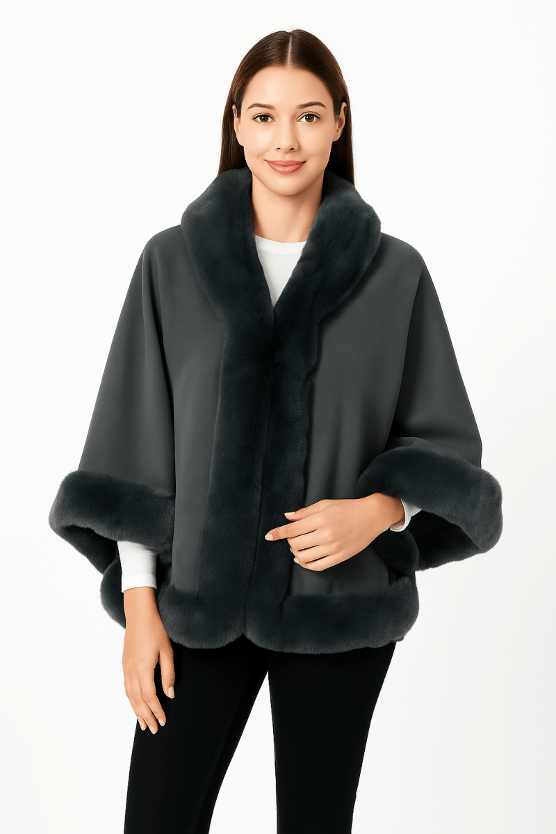 Women's Elegant Faux Fur Open - front Cape Jacket - AMVIM