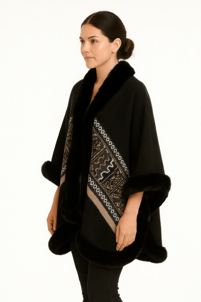 Women's Elegant Faux Fur Trim Cape with Geometric Border - AMVIM