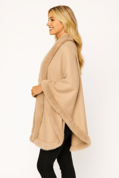 Women's Elegant Faux Fur Trim Cape Wrap - Open Front - AMVIM