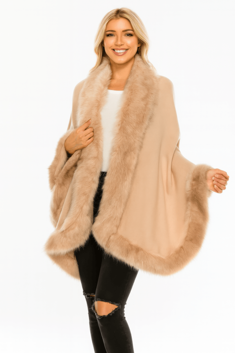 Women's Elegant Faux Fur Trim Cape Wrap - Open Front - AMVIM